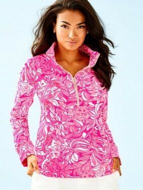 Lilly Pulitzer - Skipper Popover Pink Floral Quarter-Zip Swim Top